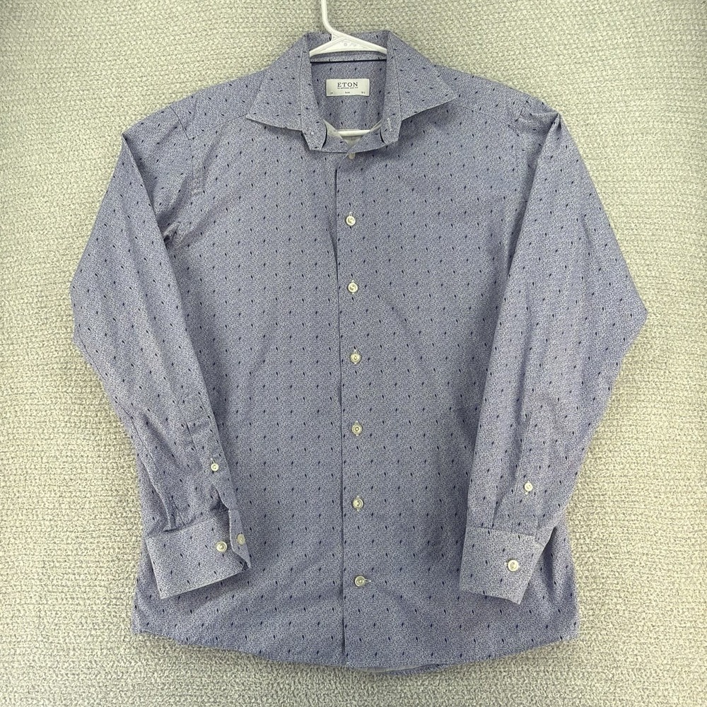 Eton Slim Fit Dress Shirt Mens Medium /‎ 15.5 Blue Poplin Micro Print Button Up
